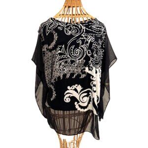 Traveler's by Chico's dressy black and cream top with translucent sleeves and he